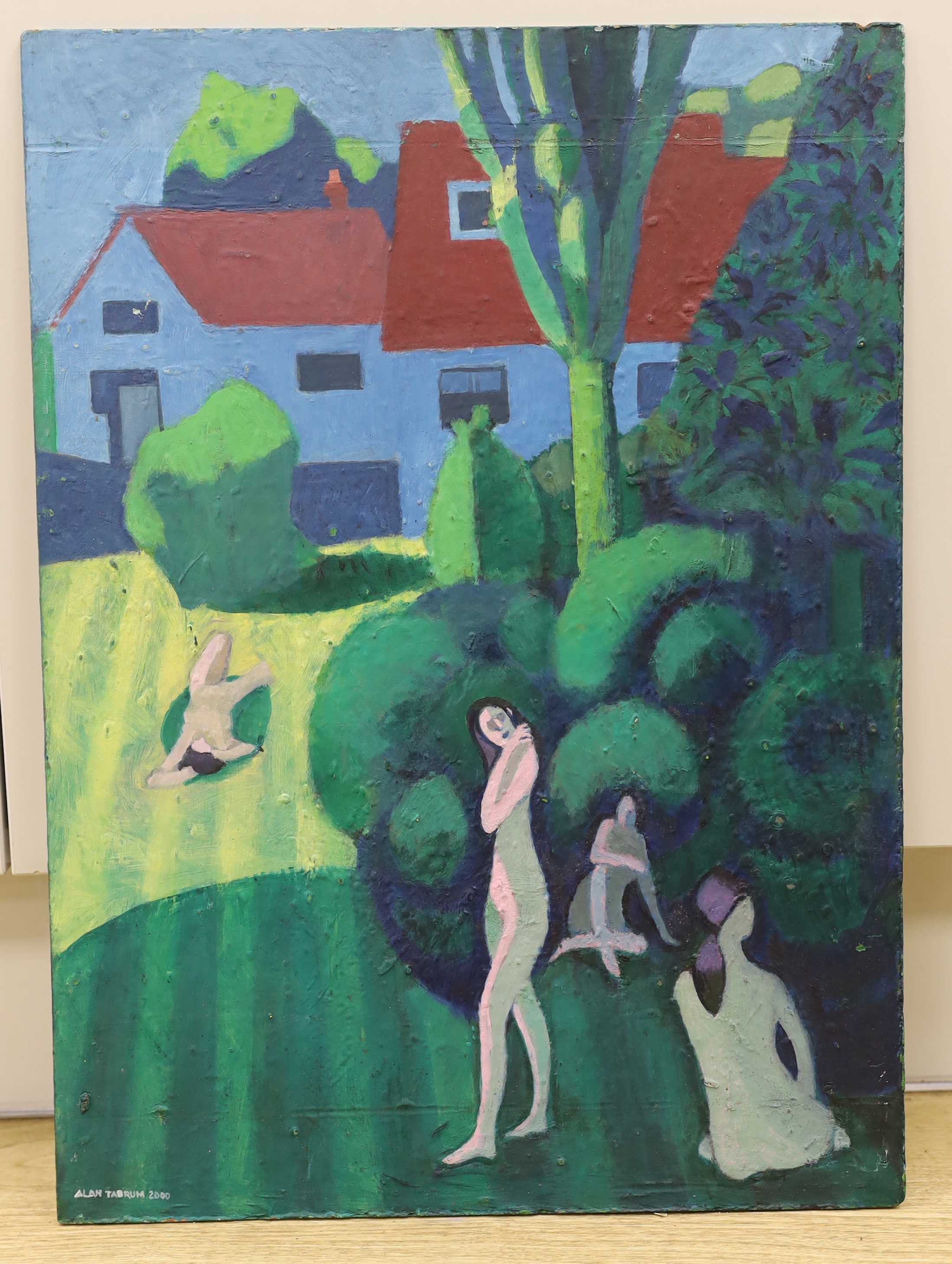Alan Tabrum (20th. C), oil on board, Nude sunbathing, signed and dated 2000, inscribed label verso, 56 x 40cm, unframed